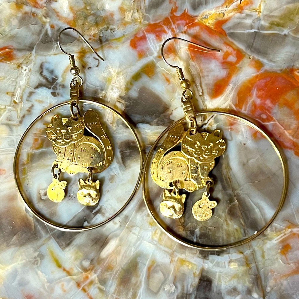 Gold Kitty Hoop Dangle Earrings